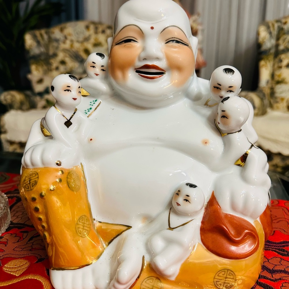 Antique Porcelain Laughing Buddha with Five Children